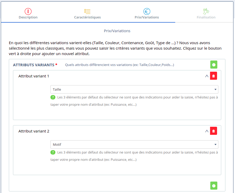 Attributs variants d'un produit